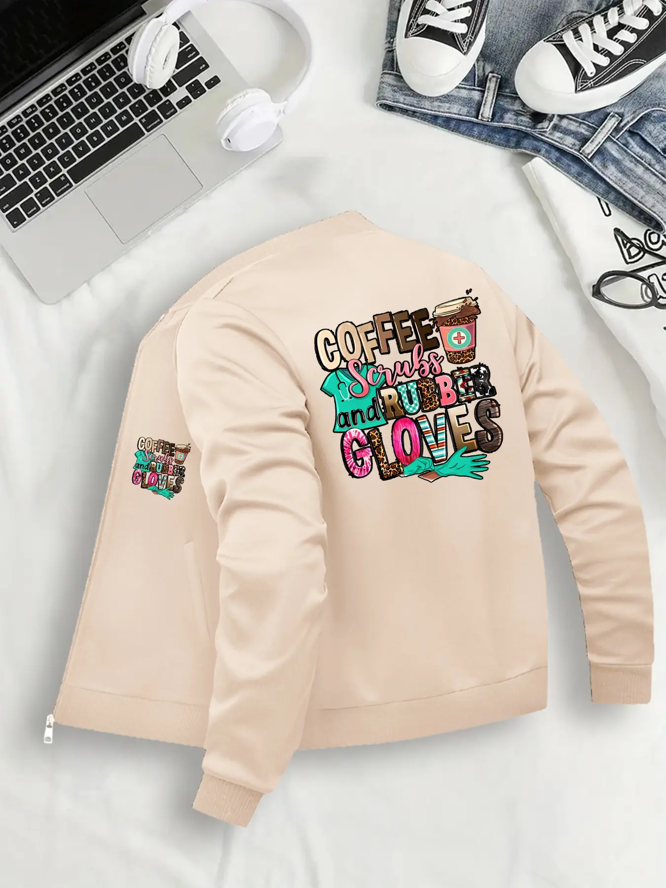 Women's Casual Zipper Bomber Jacket, Coats, Casual Cute Outerwear, Graphic Print Halloween, Lightweight Long Sleeve, Fitted, Comfortable Design, All Seasons Wear, Sizes S-Xxl