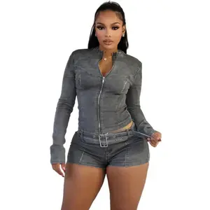 Women Set Spring Autumn Fashion Long Sleeved Stretch Denim Crop Jacket And Short Jeans Casual Two Piece Set Women Jacket Set Clothes Womenswear