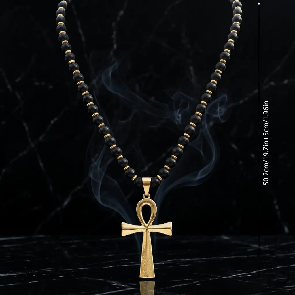 Unisex Beaded Ankh Cross Chain Necklace - Gold-Coated Egyptian Key of Life Pendant, Spiritual Items Guardian Amulet, Holiday Gift for Men-Women