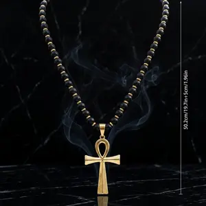 Ankh Cross Chain Jewelry Necklace for Men & Women, Gold Metal Coating Egyptian Key of Life Pendant with Black Beads, Spiritual Protection Amulet, Thanksgiving Christmas Gift