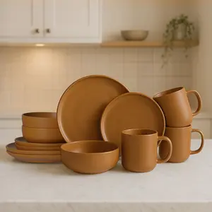 12-Piece Stoneware Dinnerware Sets with Mugs | Microwave & Dishwasher Safe | Non-Toxic Dinner Plates Bowls Set | Stackable Matte Glaze Kitchenware for 3 tableware lightweight