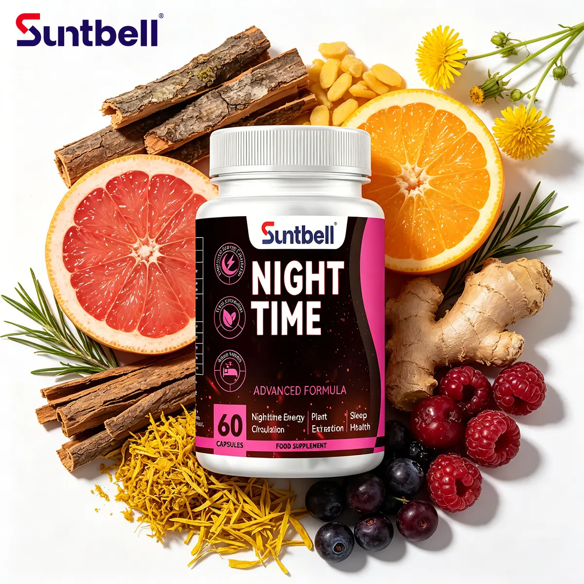 Suntbell Night-Time Burn Vitamins Capsules - with Sintrol, Ginger Root, Guarana Fruit, Willow Bark, Goldenrod Grass, Dandelion Root