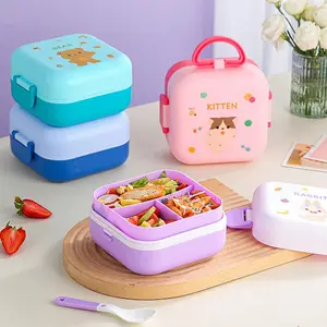 Cartoon Lunch Box, Two-Tier Compartment with Sealed Design, Large Capacity Microwave Safe Bento Box with Utensils