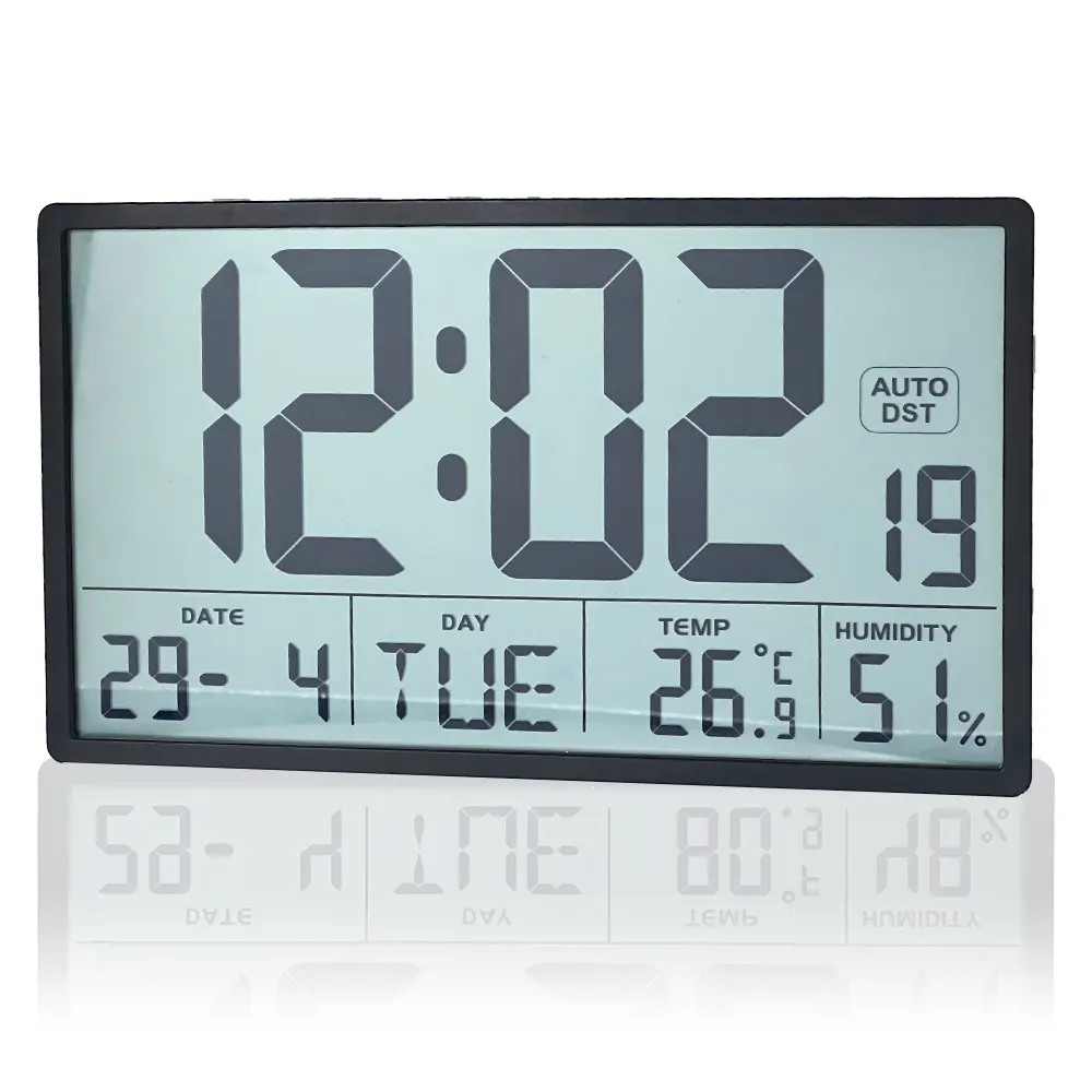 Large Display Digital Wall Clock, Battery Operated Atomic Desk Clock with Temperature Humidity, Auto DST Calendar for Home Office Bedroom