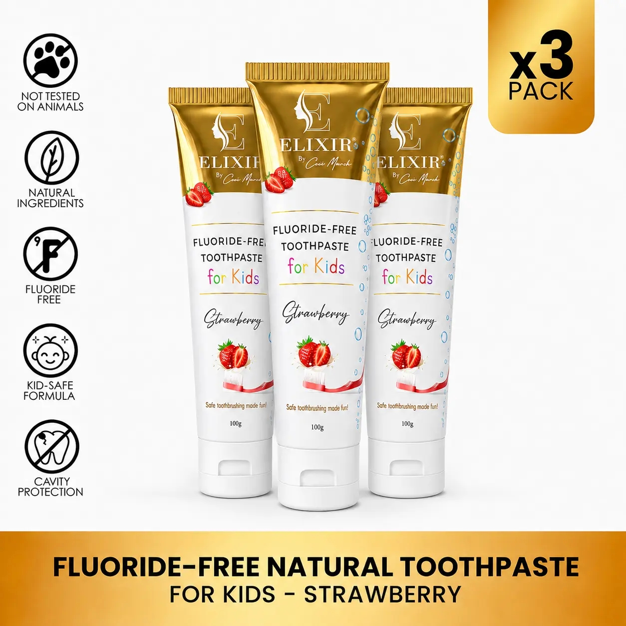 3 Pack of Elixir by Cocó March Fluoride Free Natural Toothpaste for Kids, Delicious Strawberry Flavor, Fresh Breath, Clean Teeth and Healthy, 100g Oral Gentle