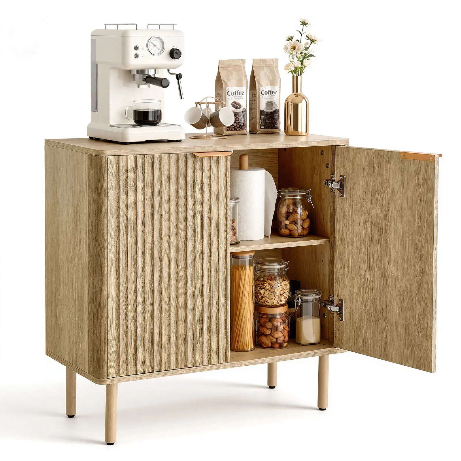【SummerFinds】VEVOR Oak Mid-Century Fluted Coffee Bar Cabinet, 2-Tier Storage Coffee Bar Station with 2 Barn Doors, Buffet Sideboard Stand for Living Room, Entryway, 31.5x14.7x31.5 in, 1960S-Inspired Bar Cabinets, Freestanding Bar Cabinets