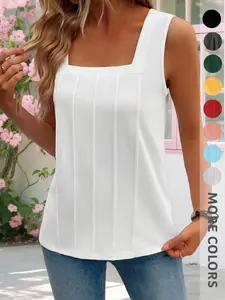 Summer Women's Plain Color Sleeveless Top, Elegant Fashion Square Neck Blouse, Daily Wear Date Night