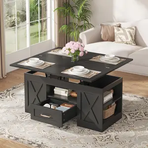 39.37" Large Wooden Farmhouse Coffee Table with Drawer & Open Storage Shelves, Lift Top Coffee Table, Rectangular Living Room Table, Center Table for Living Room, Home Office