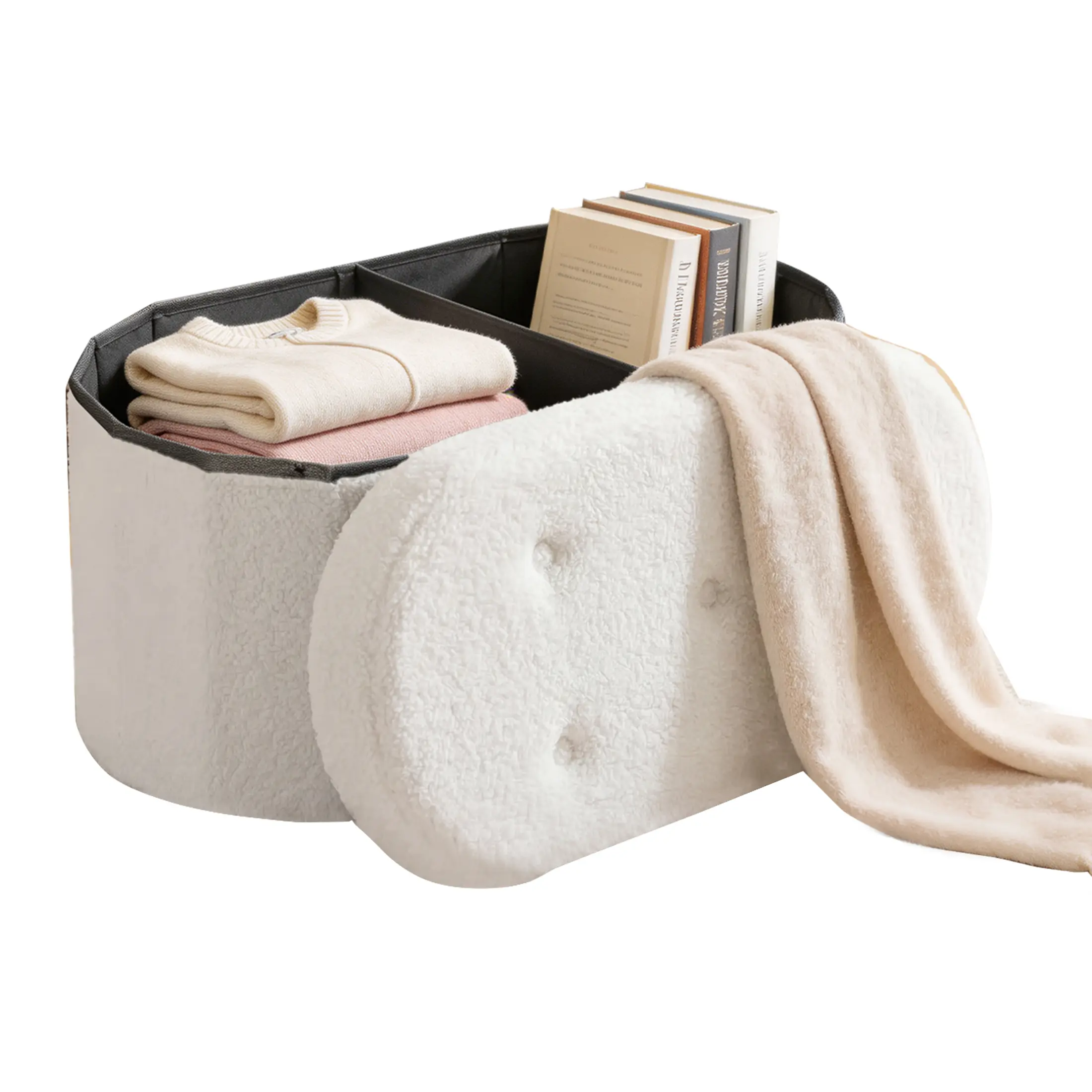 Soft Fluffy Storage Ottoman, Oval Foldable Teddy Bench for Bedroom & Living Room, Hidden Storage for Clothes & Blankets Soft Fluffy Storage Ottoman, Oval Foldable Teddy Bench for Bedroom & Living Room, Hidden Storage for Clothes & Blankets