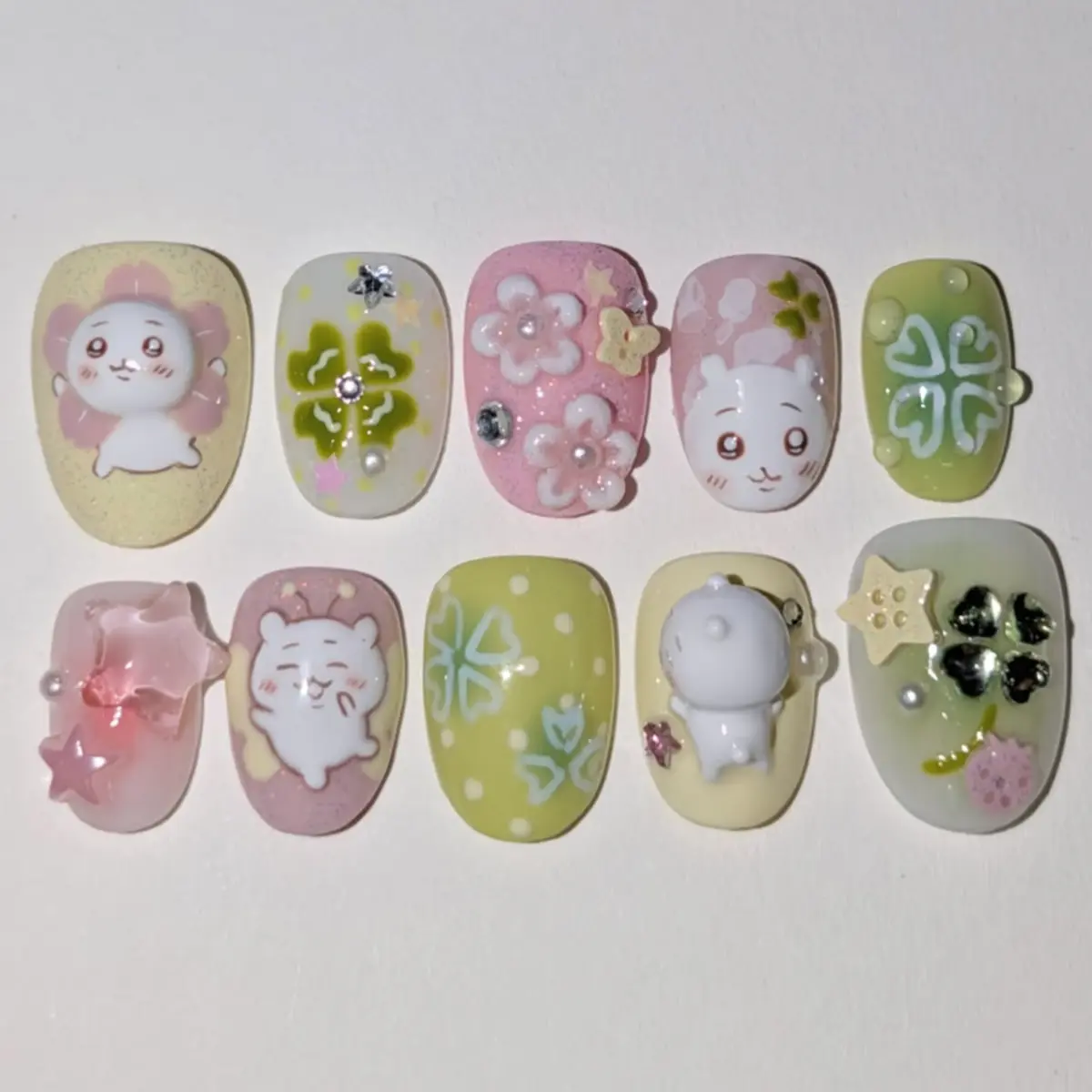 Handmade UCChiikawaru Inspired Press On Nails | Short Round Kawaii Nails with 3D UciChiikawaruie Charms, Cherry Blossoms & Lucky Clover Design with FREE Adhesive Tabs FREE Nail File FREE Cuticle Stick