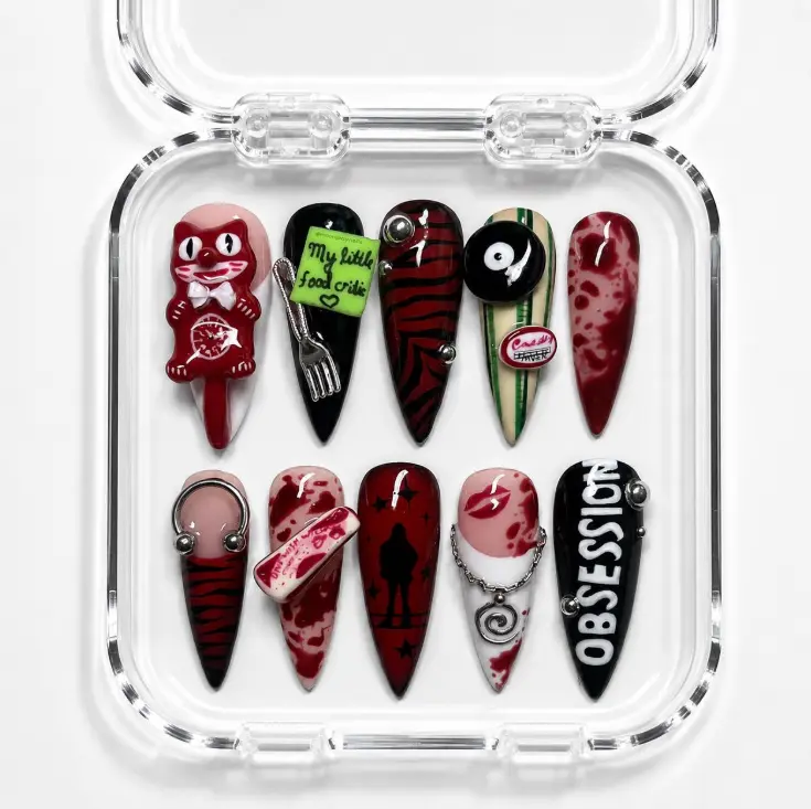 Obsession Inspired Press-On Nails | Goth Red & Black Statement Acrylic Nail Set with 3D Accents