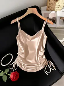 Romantic & Versatile New Style! Women's Satin Solid Color Camisole with Ruched Sides, Elegant & Versatile Design, Suitable for Layering or Outer Wear, Perfect for Work, Leisure, Parties & Other Occasions