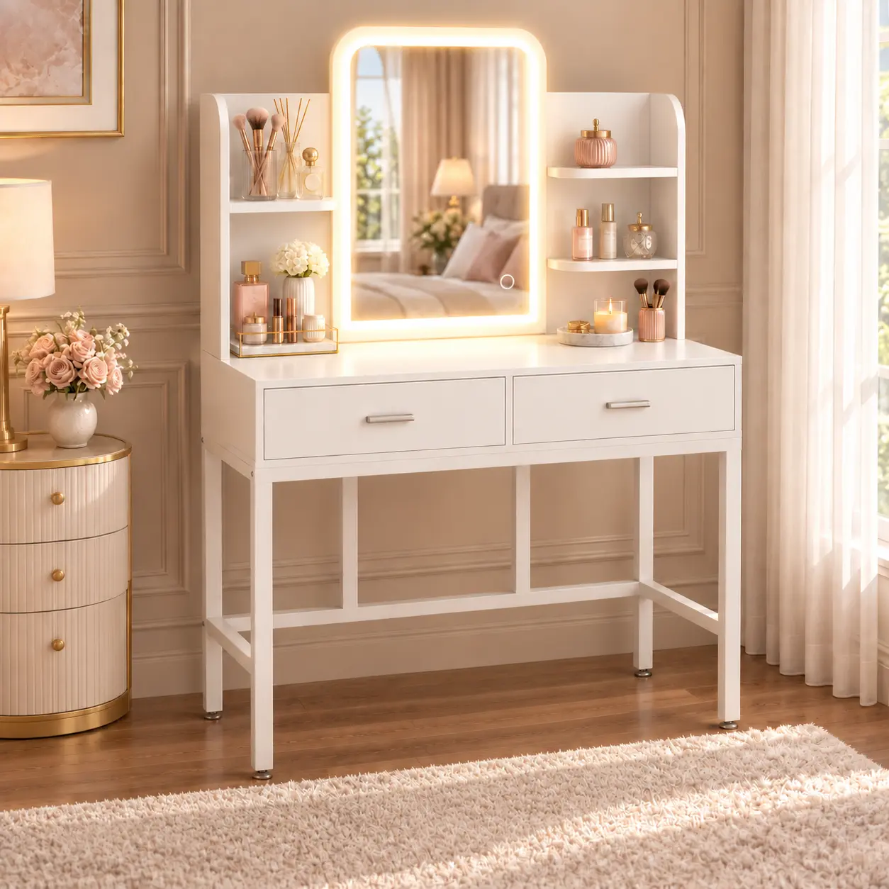 Vanity Desk with Mirror & 3 Colors LED Light,33''W Makeup Vanity Table with Wooden Drawers & Open Shelves for Bedroom,Small Space