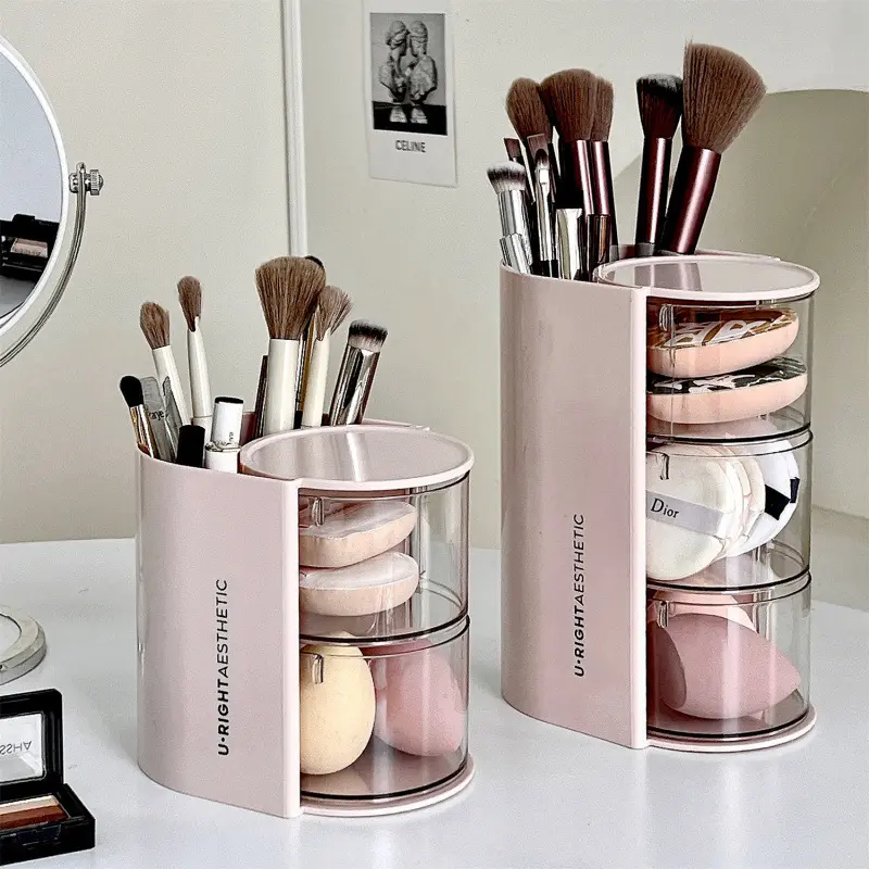 360° Rotating Makeup Storage Box with Transparent Drawers and Brush Holder - Automatic Rotating Acrylic Makeup Organizer, Large Capacity Skincare Organizer with Compartments, Beauty Organizer, Cosmetic Organizer Box, Cosmetics Organizer Storage
