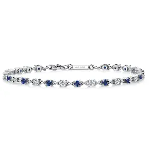 Blue Created Sapphire and White Moissanite Tennis Bracelet for Women in 925 Sterling Silver | 1.76 Cttw | Round 2.5MM | Gemstone September Birthstone | 7 Inch