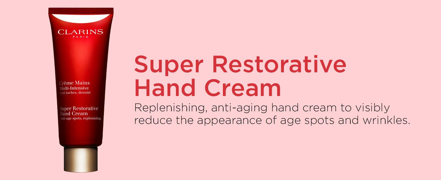 Clarins Super Restorative Hand Cream |   Anti-Aging |   Targets Dark Spots and Wrinkles |   Promotes Youthful-Looking Hands Immediately and Over Time |   Shea and Mango Butters Nourish, Soften and Smoothe