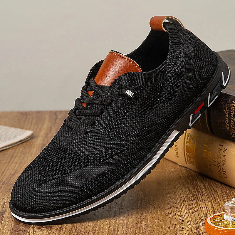 Men's loafers with black and brown knitted design, set style, comfortable sole, casual wear, fashionable and multifunctional