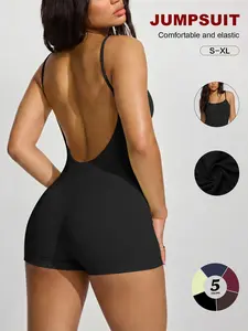 Backless Halter Jumpsuit, Slim Fit Short Jumpsuit, Sleeveless Sporty Jumpsuit, Fitness Casual Jumpsuit, Trendy Women's
