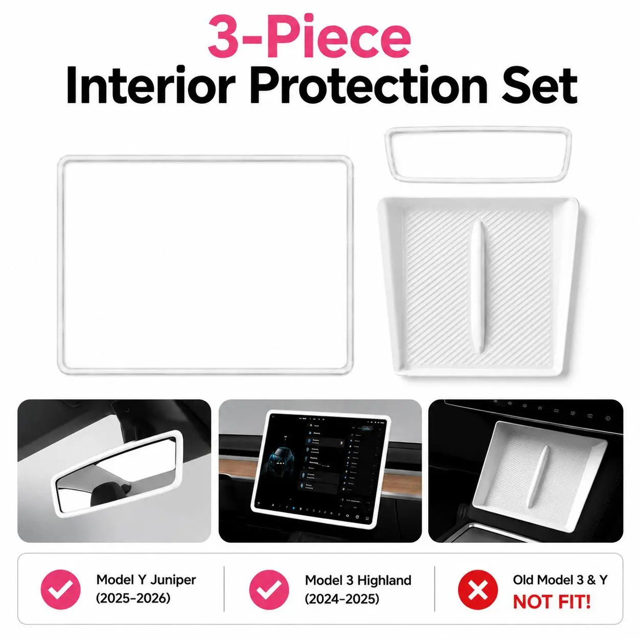 YESHAAN 3PCS Tesla Silicone Interior Protection Kit for Model Y Juniper 2025-2026 & Model 3 Highland 2024-2025, Screen Frame Protector, Rearview Mirror Cover and Wireless Charging Pad Mat, Pink White Black