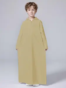 Boy's Solid Pocket Zipper Robe , Modest Hooded Long Sleeve Robe for Daily Wear, Kids Clothing for All Seasons