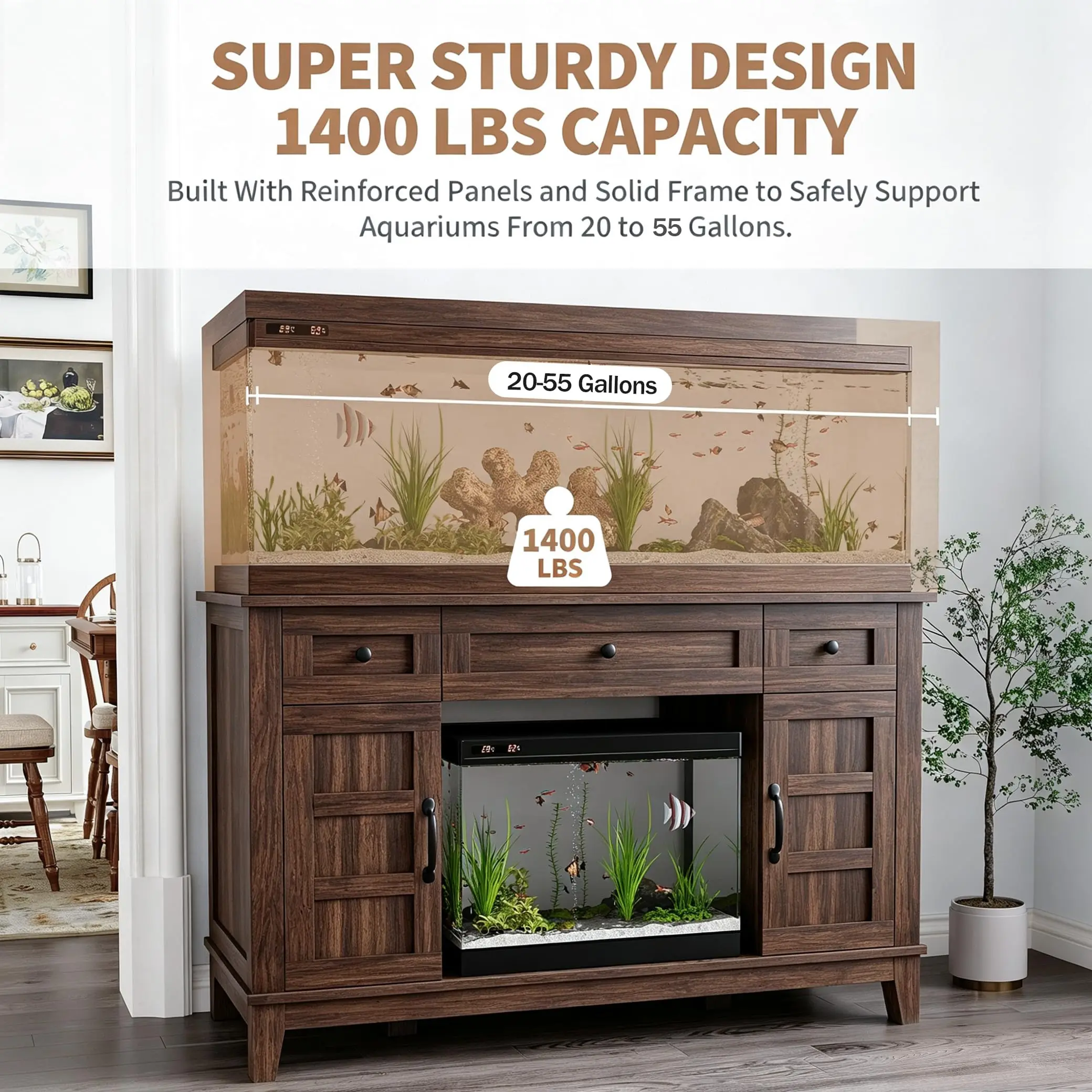 Garvee Farmhouse Aquarium Stand Cabinet with Built-In Power Outlet - Fits 30-55 & 55-75 Gallon Tanks - Heavy-Duty 1400 lb Support - Double Doors & 3 Drawers Storage - White
