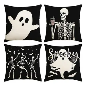 4pcs Halloween Pillow Cover, Halloween Happy Horror Ghost Pillow Cover, Bat Skeleton Dancing Halloween Night Decorative Sofa Cushion Cover, Suitable for Bedroom, Living Room, Sofa, Farmhouse, Bed, Car Decoration Pillow Cover (No Pillow Core)