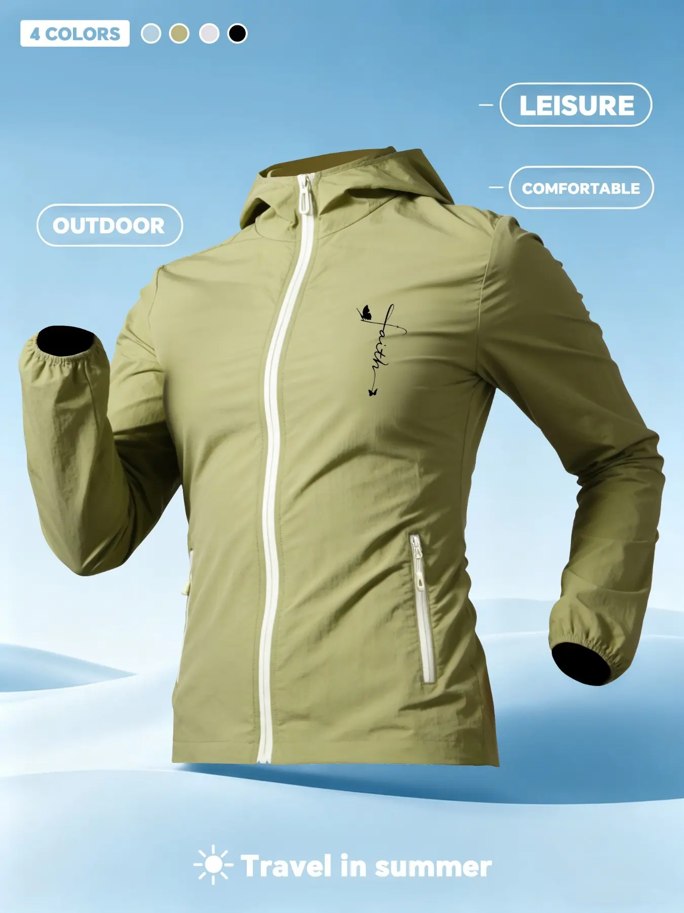 Faith Butterfly Handwritten Text Print Women Summer Hooded Zip Up Skin Coat Jacket Four Colors Optional Soft Skin Friendly Comfortable Loose Breathable Lightweight Fashion Casual Outdoor Camping Hiking Cycling Commuting Daily Travel Vacation Must Have New