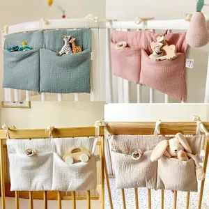 Crib Organizer Cot Caddy Bed Storage 2 Pockets Bedside Hanging Diaper Nursery Organizer Fabric Organizer for Diapers Toys Clothing