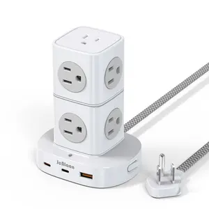 Tower Surge Protector Power Strip, 5 ft Long Flat Braided Extension Cord with Multiple Outlets, 9 AC Outlets with 3 USB Ports (2 USB C).