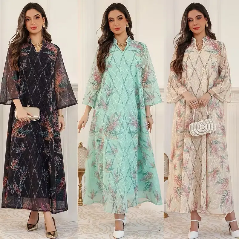 Women's Islamic Chiffon Abaya - Masha Fashion Luxury Premium Modest Kaftan, Easy Loose-Fit Maxi Dress, Rhinestone Floral Details, All-Over Print, All Seasons, Everyday to Event, S/XXL Versatile Piece