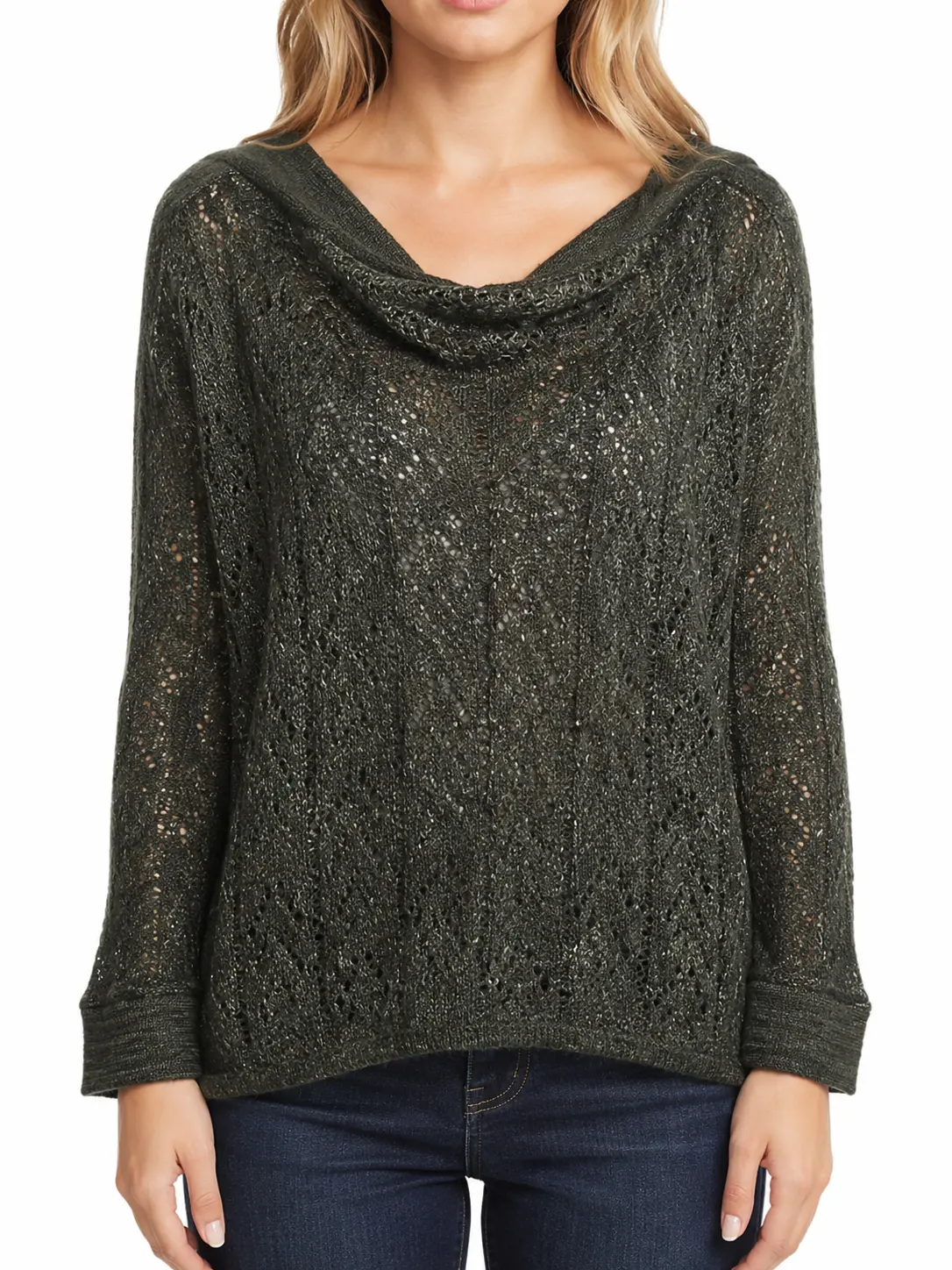 Olive Green Open-Knit Cowl Neck Long Sleeve Lightweight Sweater