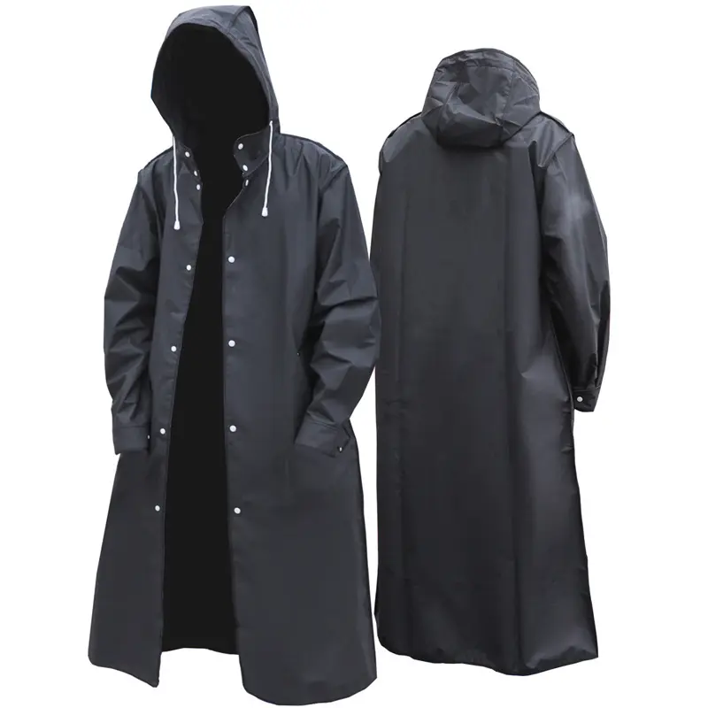 Unisex Black EVA Waterproof Rainproof Raincoat, Long Hooded Rain Jacket for Motorcycle, Cycling, Hiking, Fishing, Outdoor Gear, Lightweight Rain Coat
