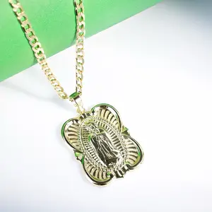 14K Gold Laminated Virgin Pendant with 3mm Cuban Chain 16 18 22 Inch Religious Design for Daily Wear or Gift, Religious Gifts, Multi-Size