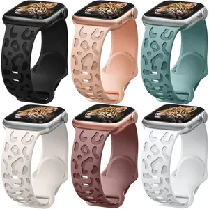 *WBA024-XLL 6 Pack Leopard Engraved Band Compatible with Apple Watch Band 40mm 38mm 41mm 44mm 45mm 46mm 49mm Women, Cheetah Sport Silicone Replacement Strap for iWatch Series 10 9 8 7 SE Ultra 6 5 4 Starlight-42