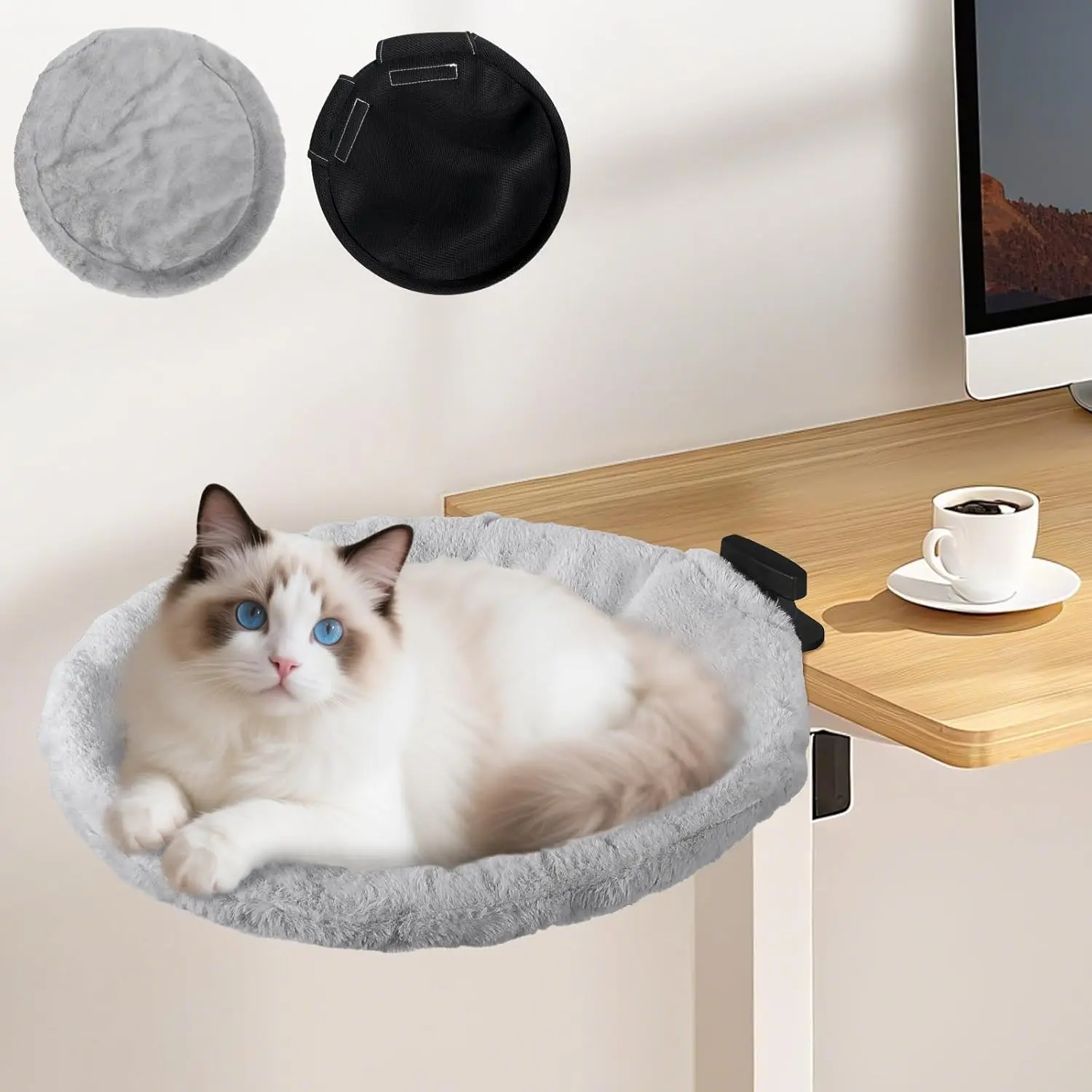 2-in-1 cat table bed and bed-side hammock (can be installed vertically or horizontally), includes 2 covers (plush for winter + mesh for summer), sturdy indoor cat hammock, can support up to 40 pounds