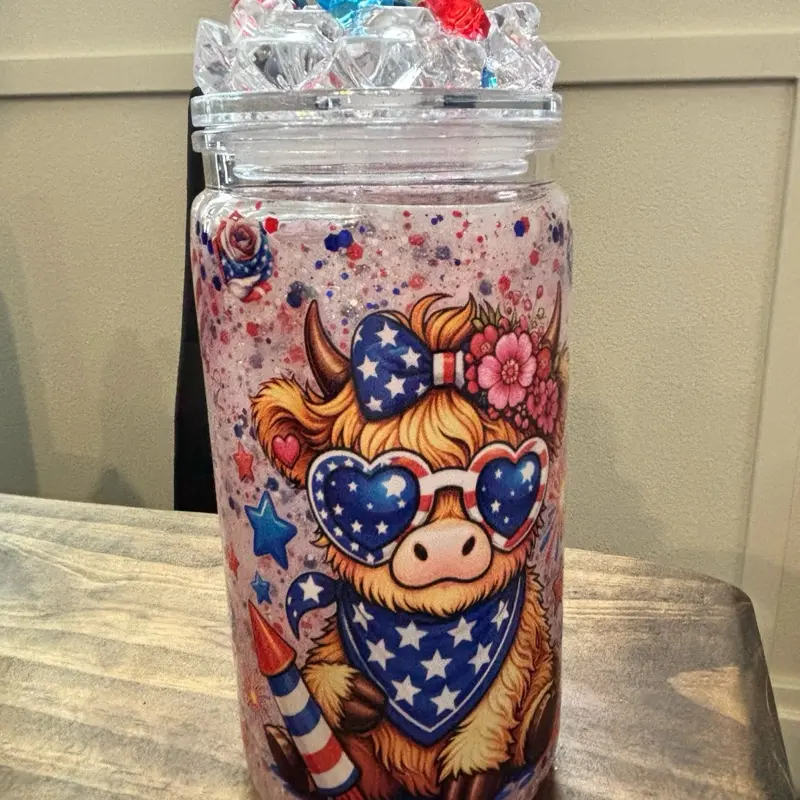 Patriotic Highland Cow Snow Globe Tumbler | Fourth of July Cup | Red White and Blue Glitter Tumbler | Cow Lover Gift