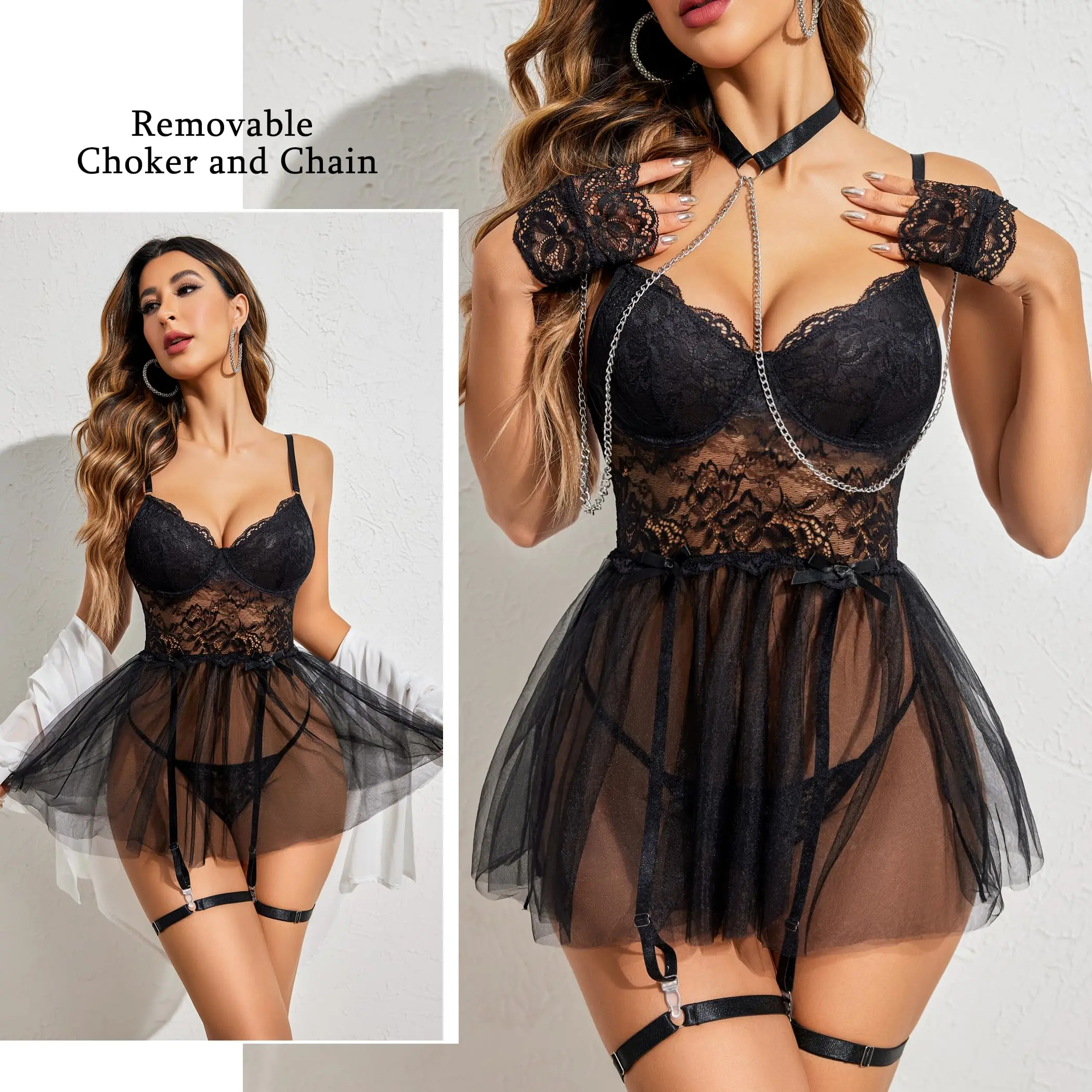 Avidlove Lingerie for Women Lace Underwire Lingerie Set with Garter and Chain Sleepwear SpringStatements Floral Cute Dress Polyester Comfy Mesh