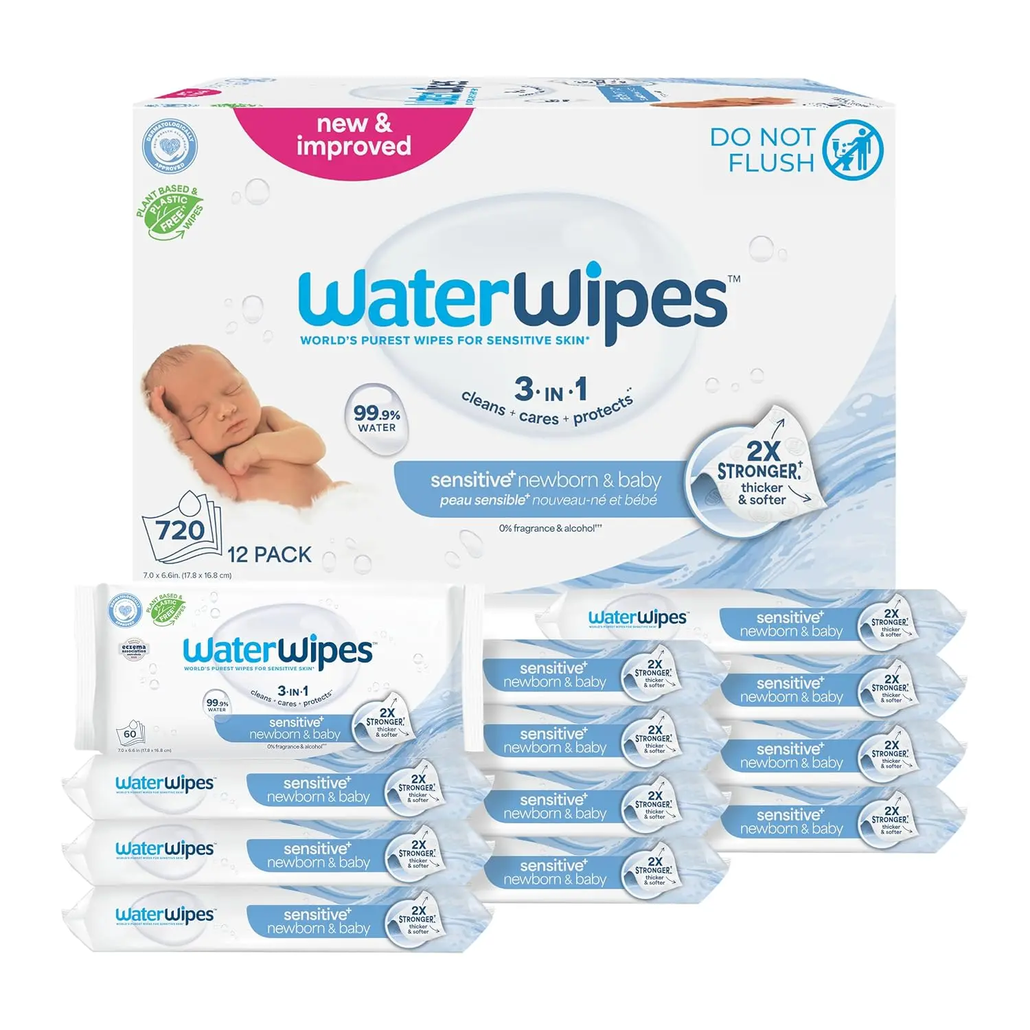 Sensitive+ Newborn & Baby Wipes, 3-in-1 Cleans Cares Protects, 99.9% Water Formula, Unscented Hypoallergenic Gentle Baby Wipes for Sensitive Skin, 12 Packs, 720 Total Count, Ideal for Newborn Care and Daily Use