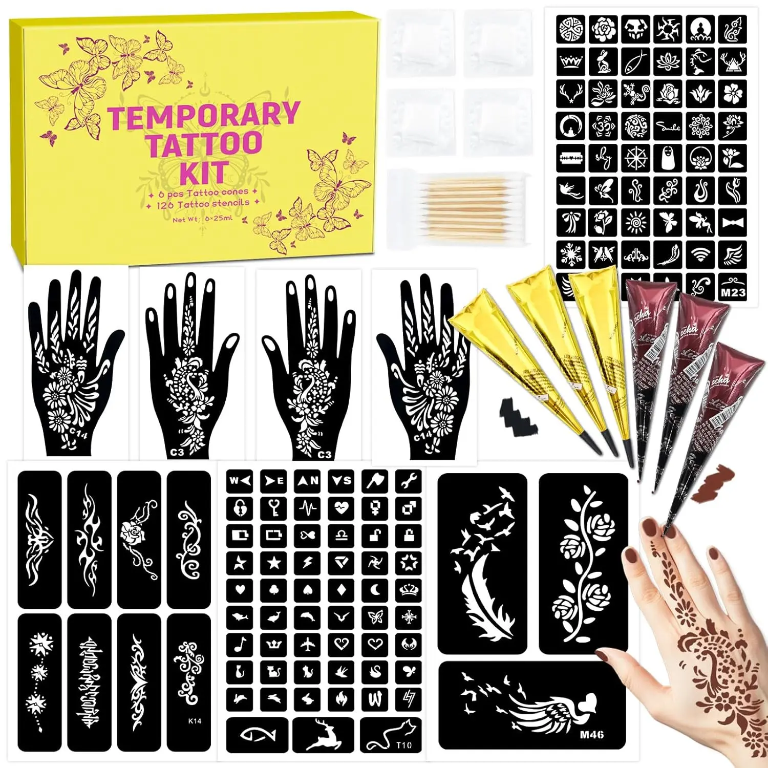Beginner-Friendly Temporary Tattoo Kit - 126 Stencil Designs, 6 Waterproof Plant-Based Inks, Long-Lasting Body Art for All Skin Types, Ideal Gift for Him/Her, Perfect for Concerts & Valentine’s Day, Perfect Gift, Black, Stencil Shapes, 126+6 Items, Birthd