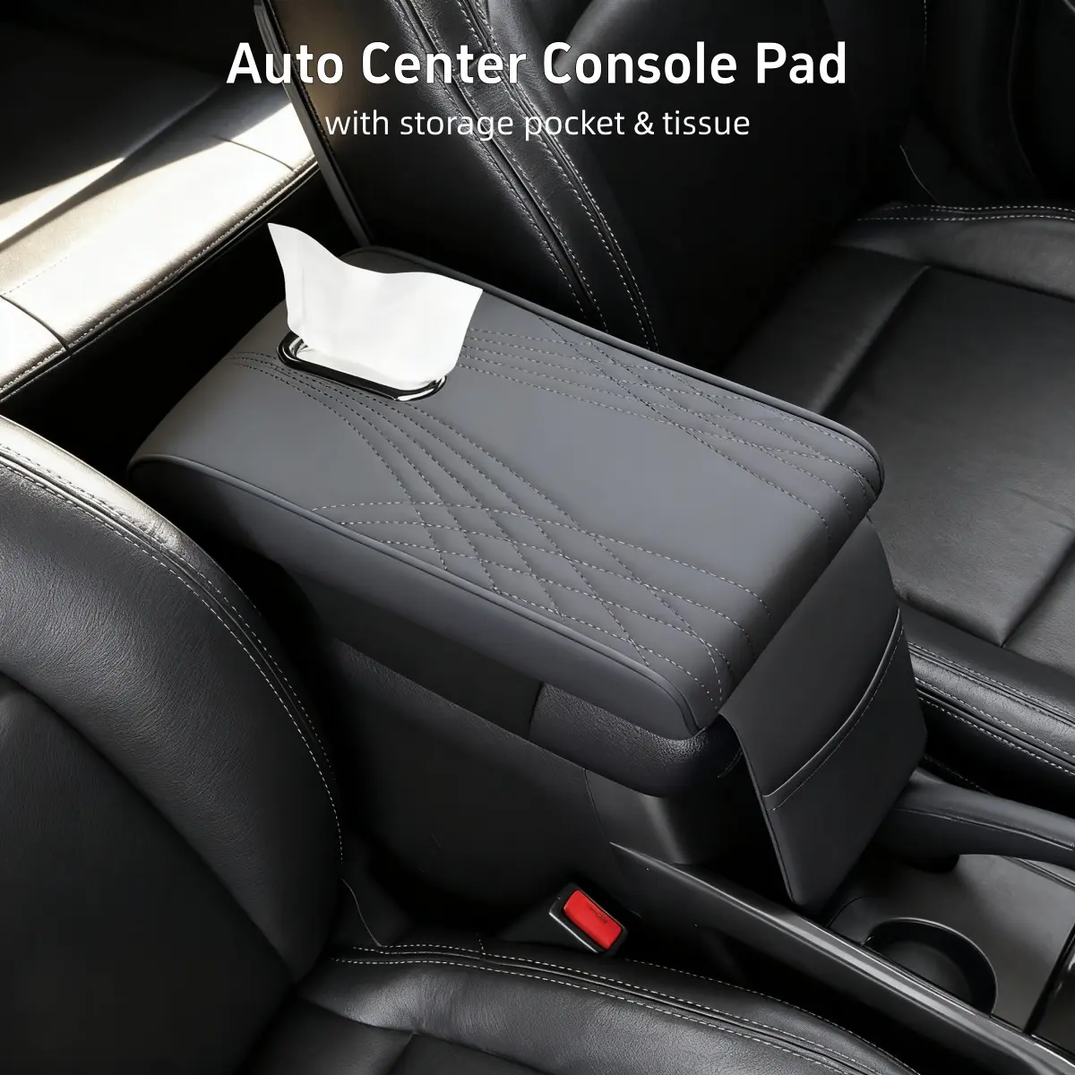 PU Leather Car Armrest Cushion Cover, Memory Foam Soft Non-Slip Center Console Box Mat Protector, 12x7.5 in (12.2*7.48*0.9 in), Tool-Free, Universal Fit for Most Cars, SUVs, Sedans, Coupes, Black/Gray Colors