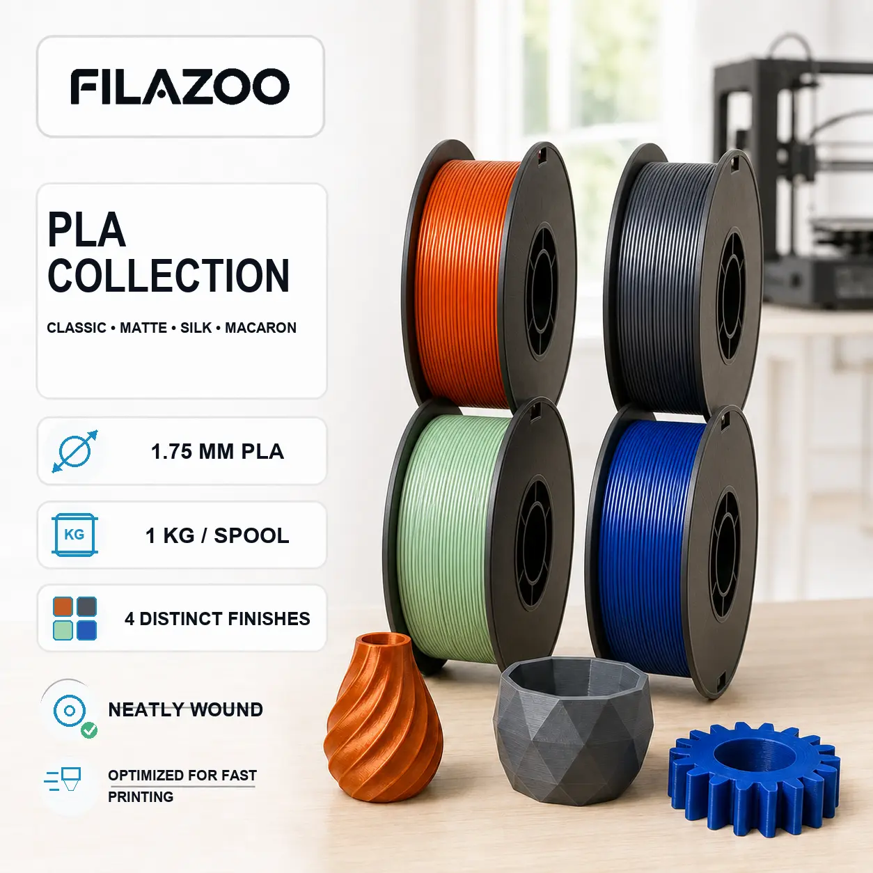 FILAZOO PLA 3D Printer Filament 1.75mm 1KG Spool | Classic, Matte, Silk Metal, Macaron Pastel Colors | High Speed Tangle-Free Smooth Extrusion | Compatible with Bambu Lab X1/P1S/A1, Creality Ender 3, FDM 3D Printers Premium Bundle