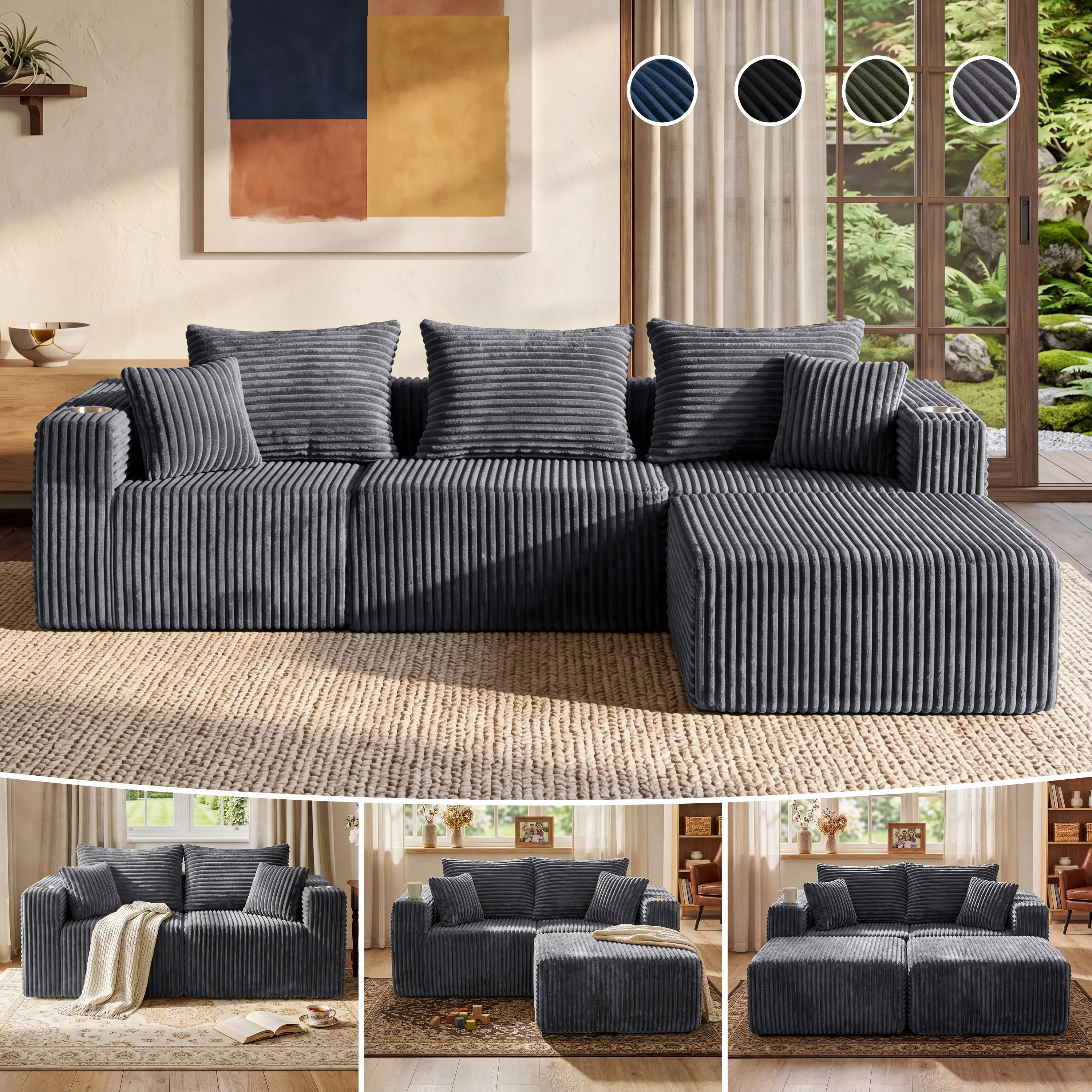 104&70" Modular Boneless Sectional Couch Oversized Deep-Seat No Assembly Required Suitable for Living room/Bedroom/Apartment 0020GY