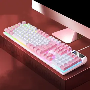 104-Key RGB Backlit Ergonomic Mechanical Gaming Keyboard, Wired USB with Mixed White & Pink RGB Lighting, ABS Plastic PC Gaming Accessory - Ideal for Gamers, Mother's Day Gift