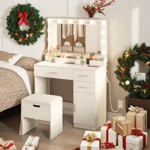 Lifewit Vanity with Large Mirror & Lights, Adjustable Lighting, USB Ports, Storage Stool, 3 Drawers, Cabinet  Open Storage Girl Gift Mothers Day Gifts