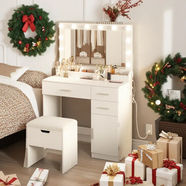 Lifewit Female Metal Rectangle Makeup Vanity Desk with Large Lighted Mirror, Adjustable Lighting, USB Ports, Storage Stool, 3 Drawers, Cabinet & Open Storage - Beauty Makeup Organization Gift for Mothers