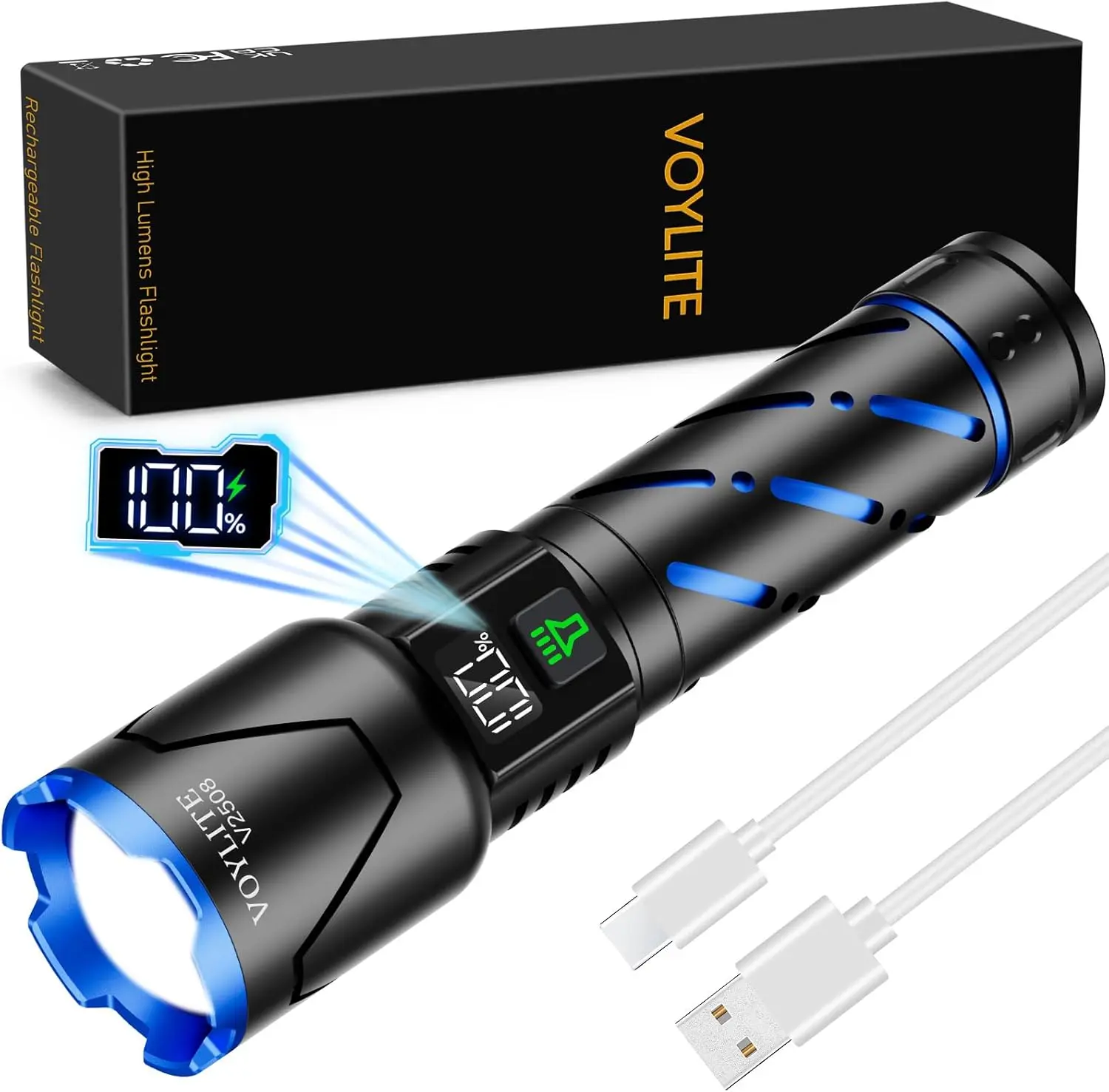 Rechargeable High Lumens Flashlight with 100000 LM Bright Output, Powerful 5000mAh Battery and LCD Display, Zoomable Beam with Multiple Lighting Modes, IP67 Waterproof Emergency Light for Camping, Outdoor Safety and Everyday Use