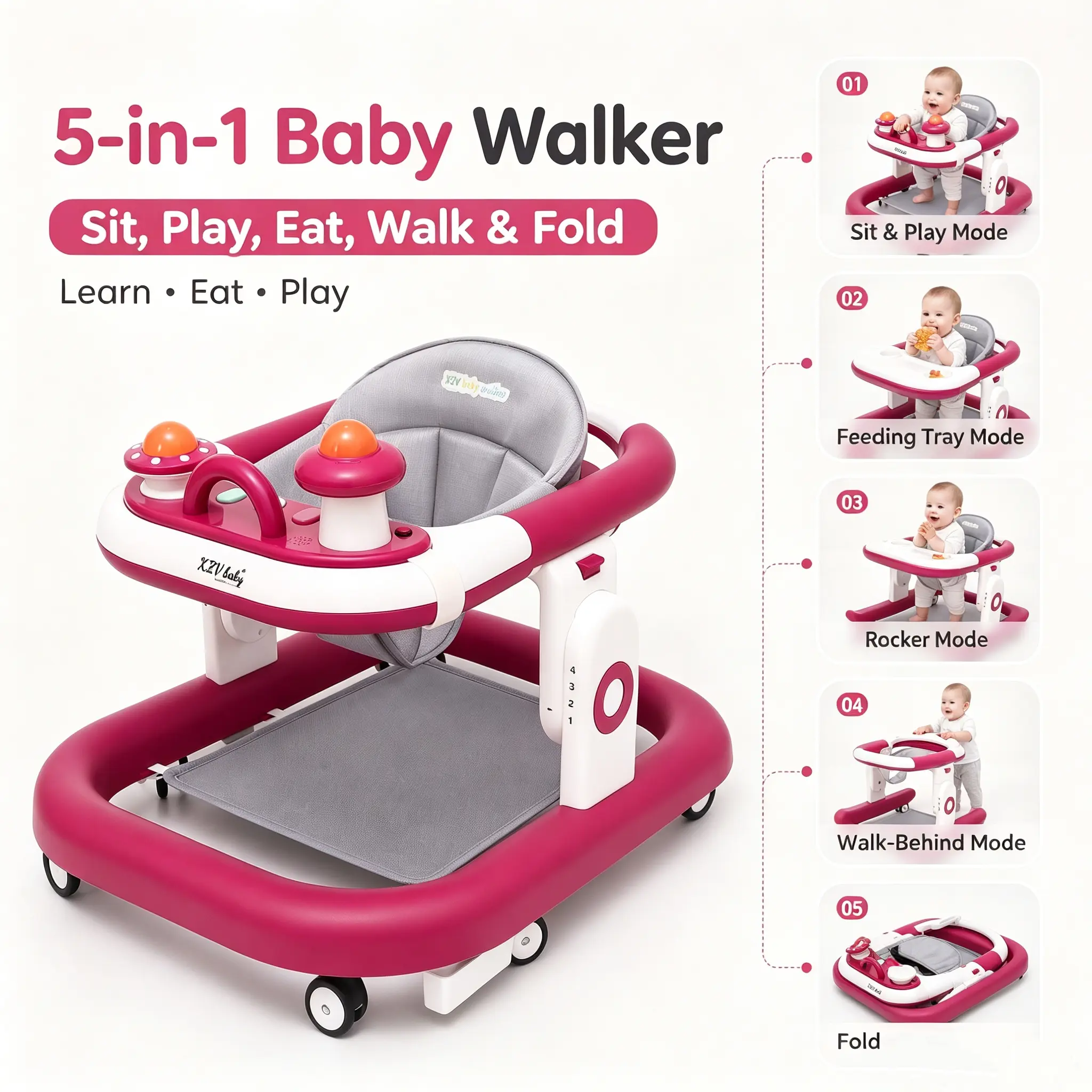 5-in-1 Foldable Baby Walker with Wheels for 6-13M Infants, No Battery, Bouncer, Rocker, Feeding Tray, Adjustable Height, Red