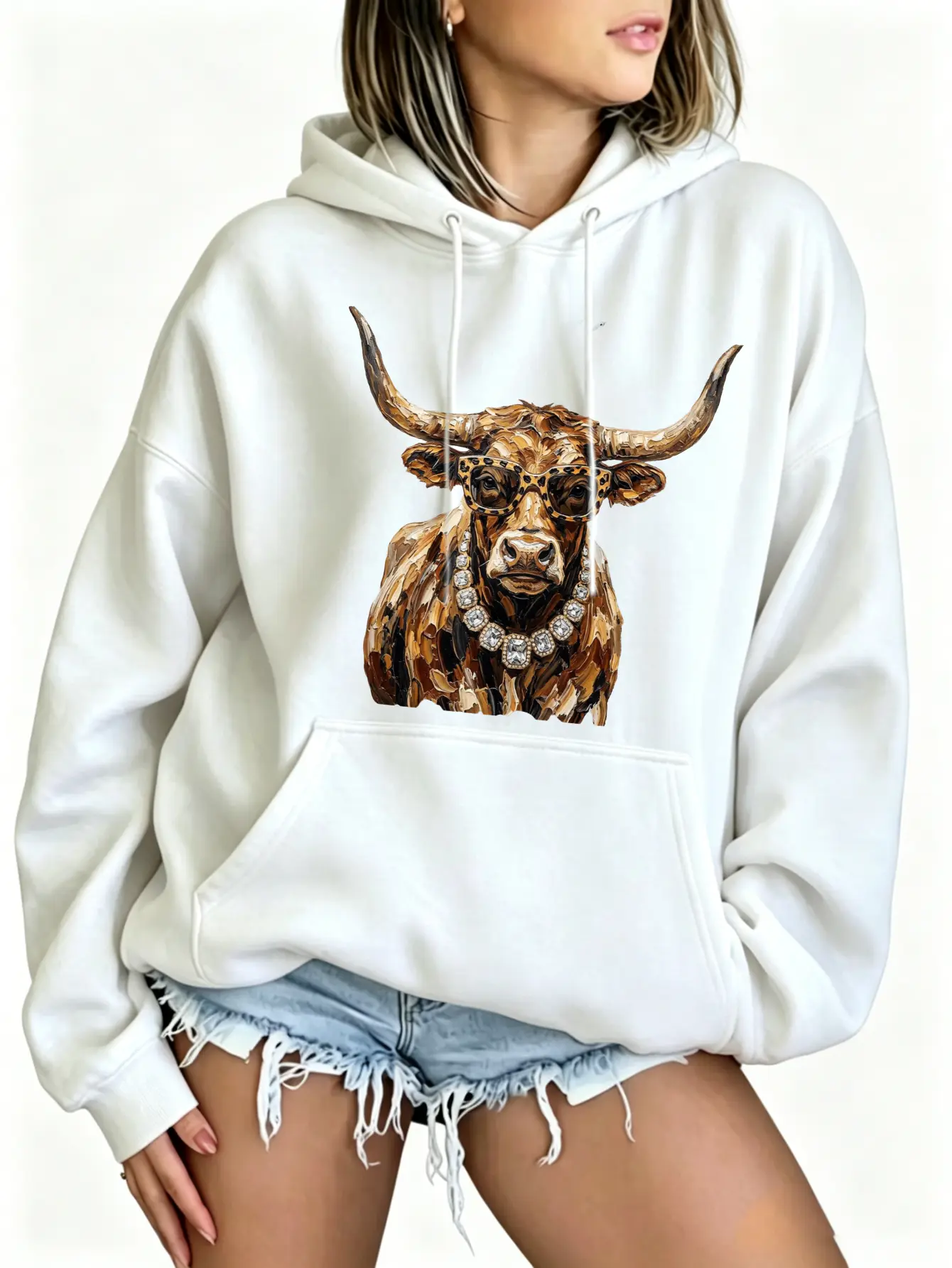 Women Western Highland Cow Hoodie Front Back Double Sided Print Longhorn Graphic Sweatshirt Classic Regular Fit Cute Country Concert Pullover Coquette Cattle Farm Animal Print Fleece Drawstring Hooded Top Daily Casual Fall Outfit White Hoodies