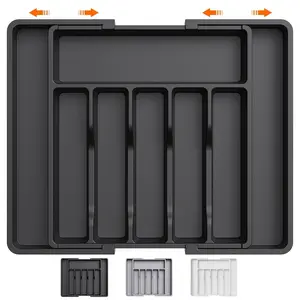 1 silver cutlery drawer storage box, extendable kitchen cutlery tray, adjustable plastic spoon fork storage box, large size, Durable Storage Organizer, Multi Compartment Design, Divided Compartments