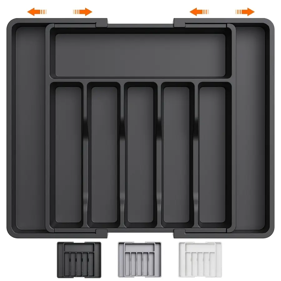 1 silver cutlery drawer storage box, extendable kitchen cutlery tray, adjustable plastic spoon fork storage box, large size, Durable Storage Organizer, Compartmentalized Organizers, Multi Compartment Design, Divided Compartments